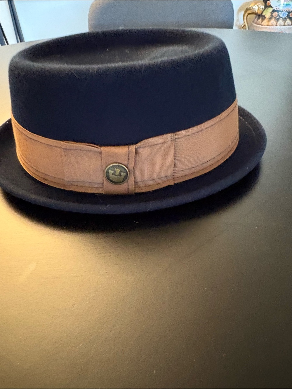 Classic Black Wool Pork Pie Hat with Tan Band